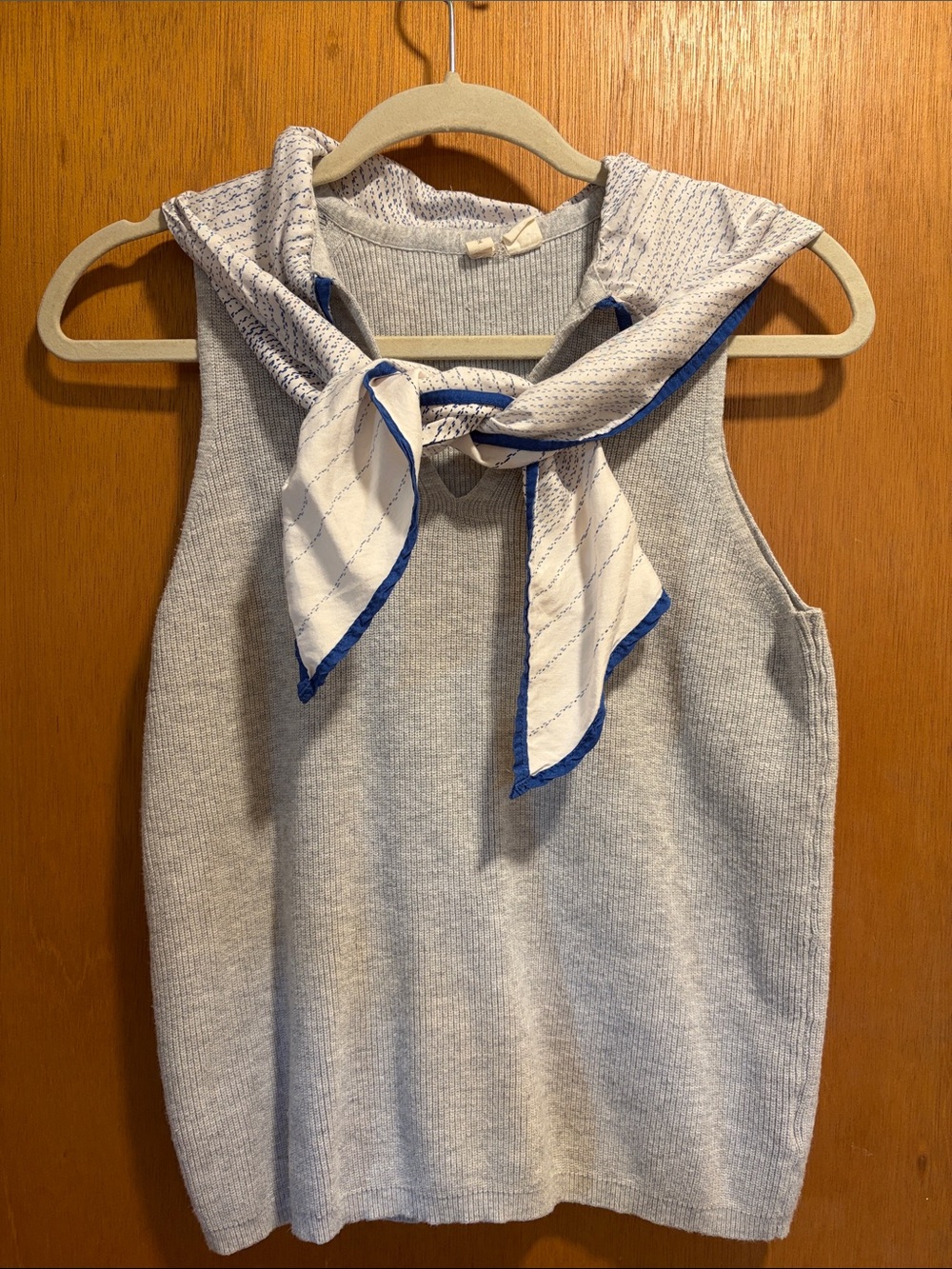 Moth Light Gray Knit Tank with White Scarf and Blue Trim